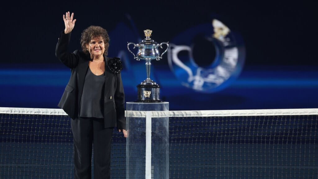 Evonne Goolagong-Cawley waving at the Australian Open.