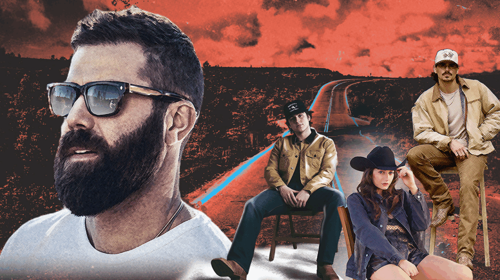 Singer Jordan Davis in sunglasses posing against a country road backdrop with fellow artists.