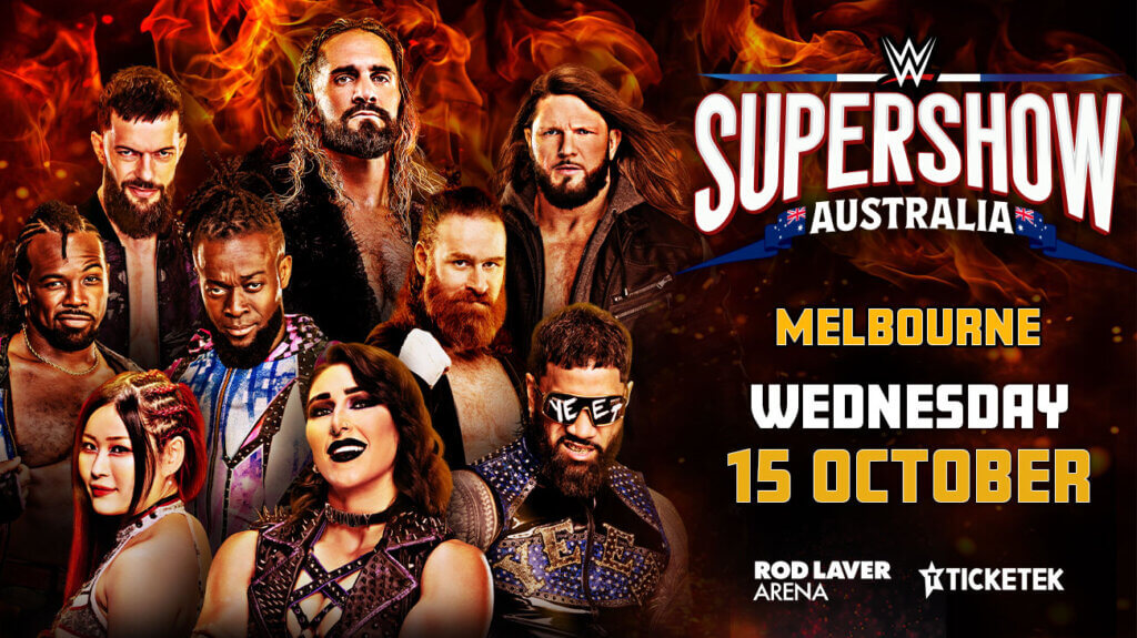WWE superstars in flames with "Super Show Australia" text, promoting an upcoming wrestling event.