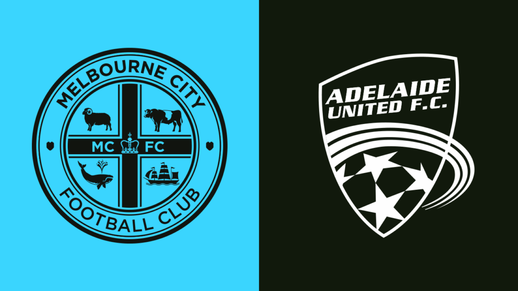 Melbourne City FC and Adelaide United logos on a sky blue and black background.
