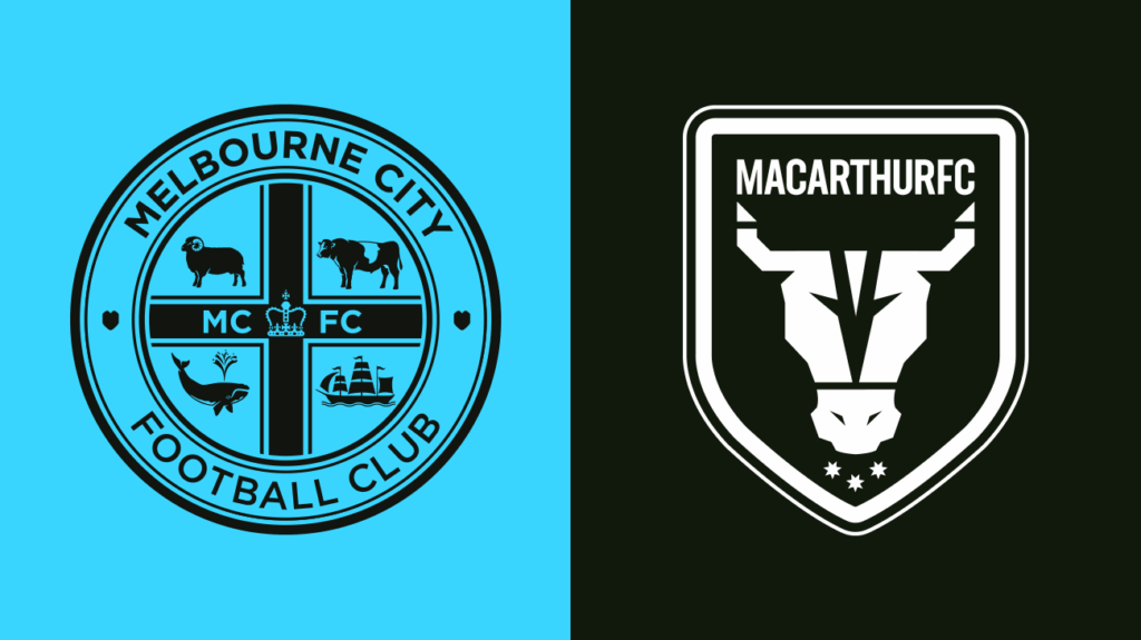 Melbourne City FC and Macarthur FC logos on a sky blue and black background.