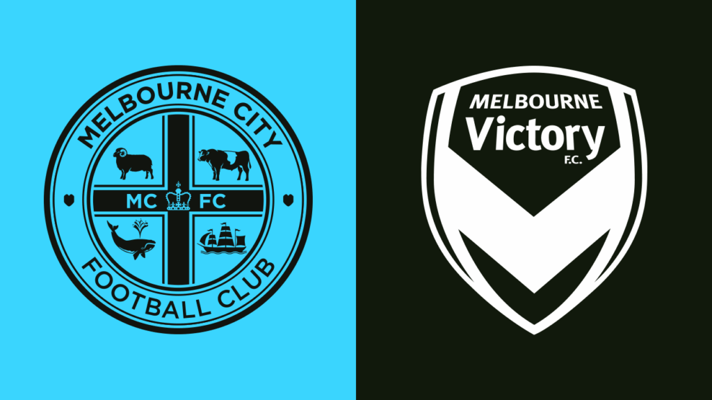 Melbourne City FC and Melbourne Victory logos on a sky blue and black background.
