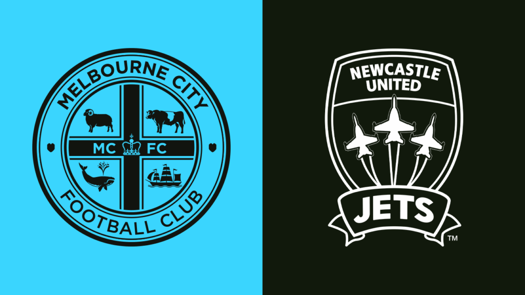Melbourne City FC and Newcastle Jets logos on a sky blue and black background.