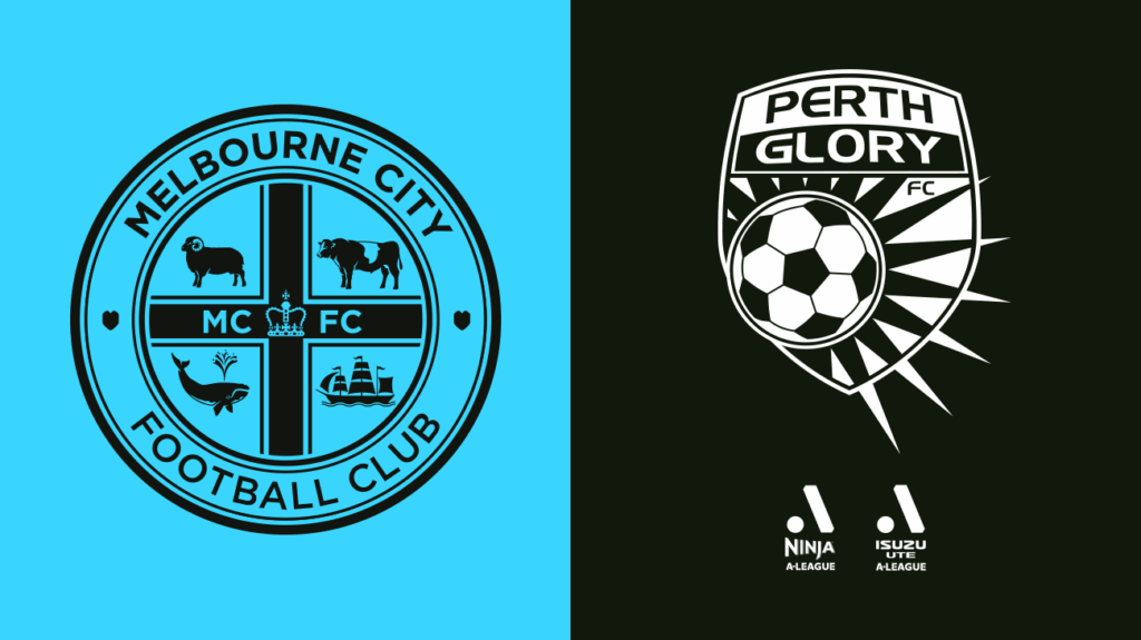 Melbourne City FC and Perth Glory logos on a sky blue and black background.