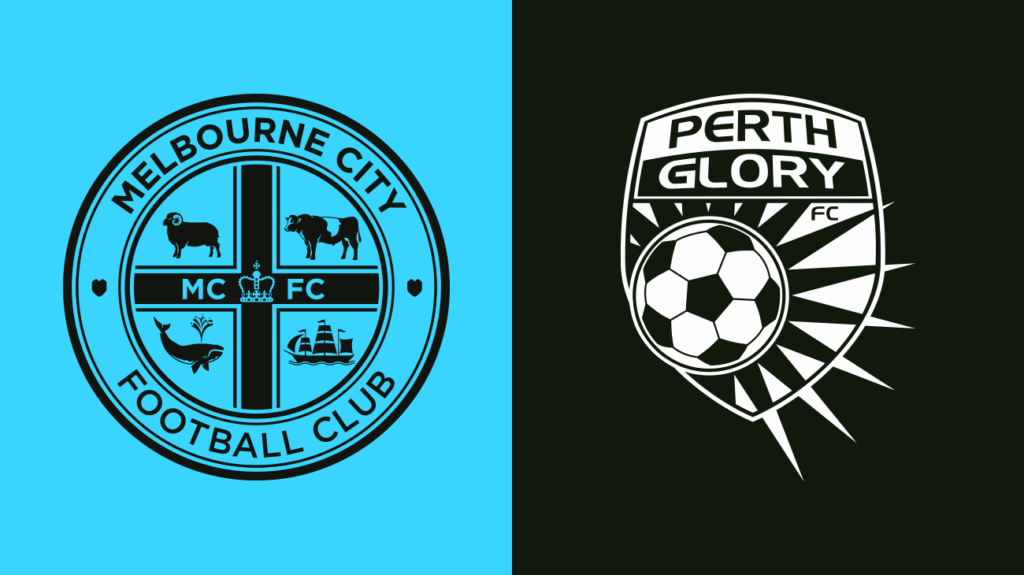 Melbourne City FC and Perth Glory logos on a sky blue and black background.