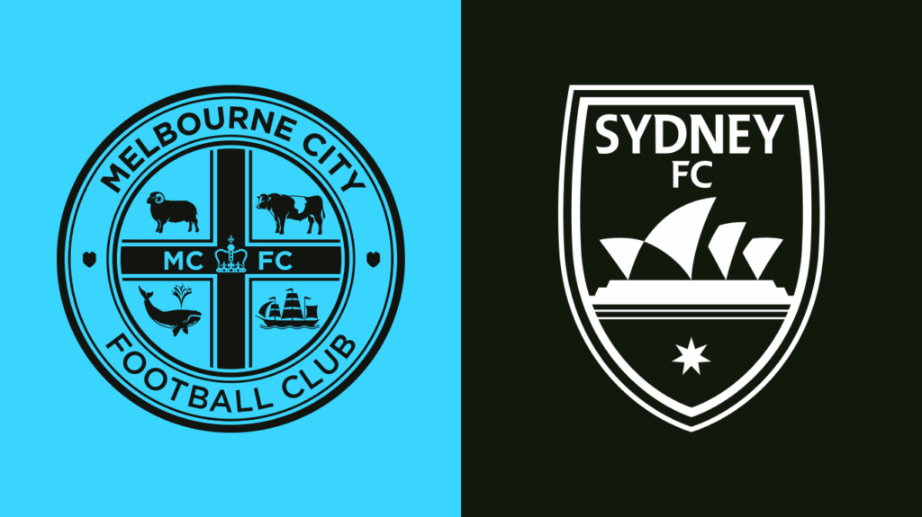 Melbourne City FC and Sydney FC logos on a sky blue and black background.