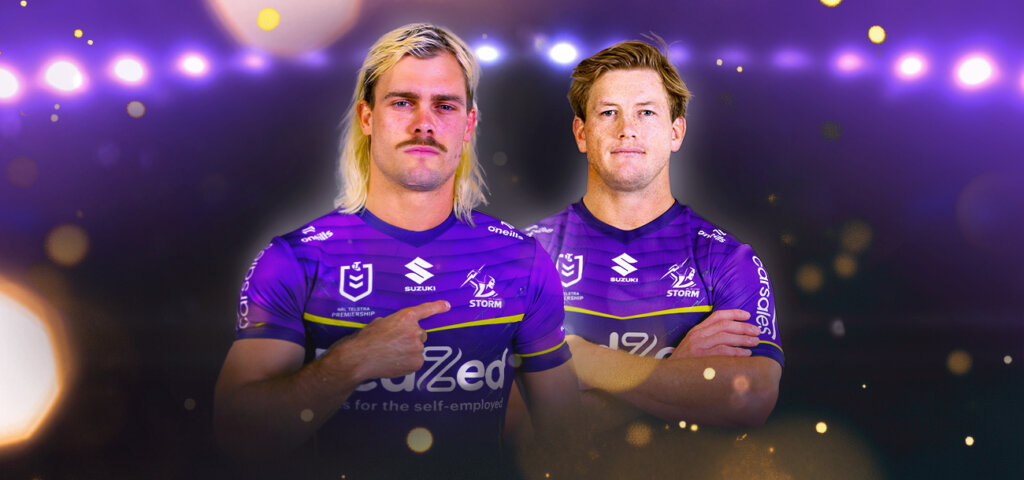 Melbourne Storm players posing against a purple stadium backdrop.