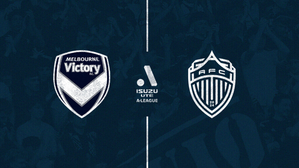 Melbourne Victory and Auckland FC logos on a blue background.