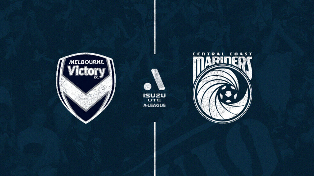 Melbourne Victory and Central Coast Mariners logos on a blue background.