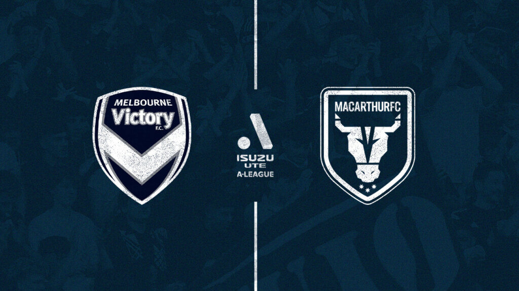 Melbourne Victory and Macarthur FC logos on a blue background.