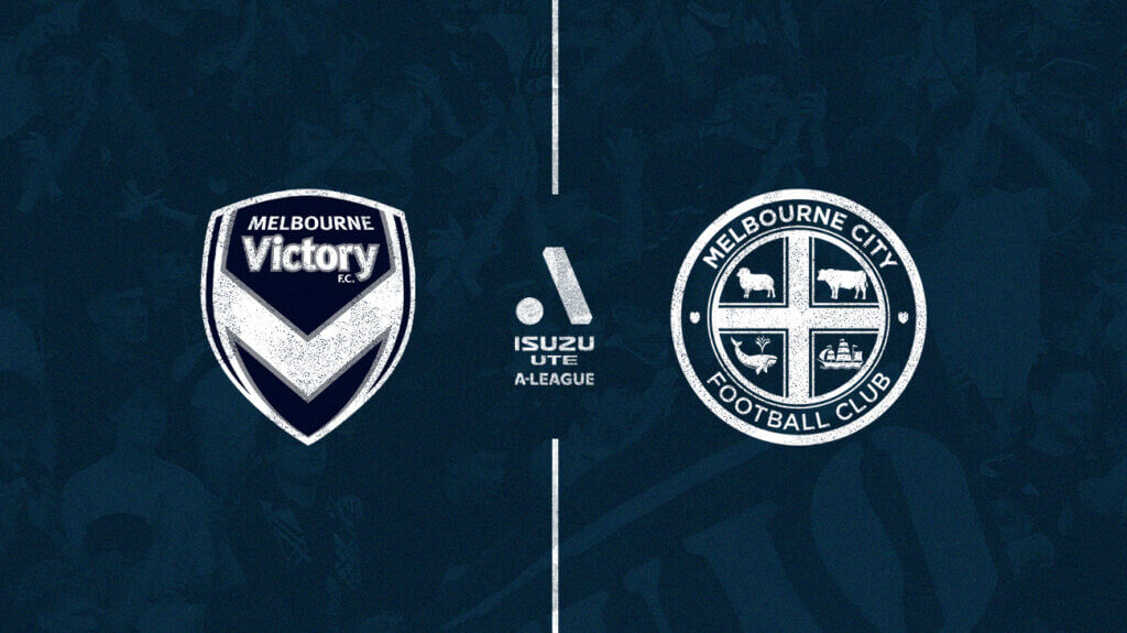 Melbourne Victory and Melbourne City FC logos on a blue background.