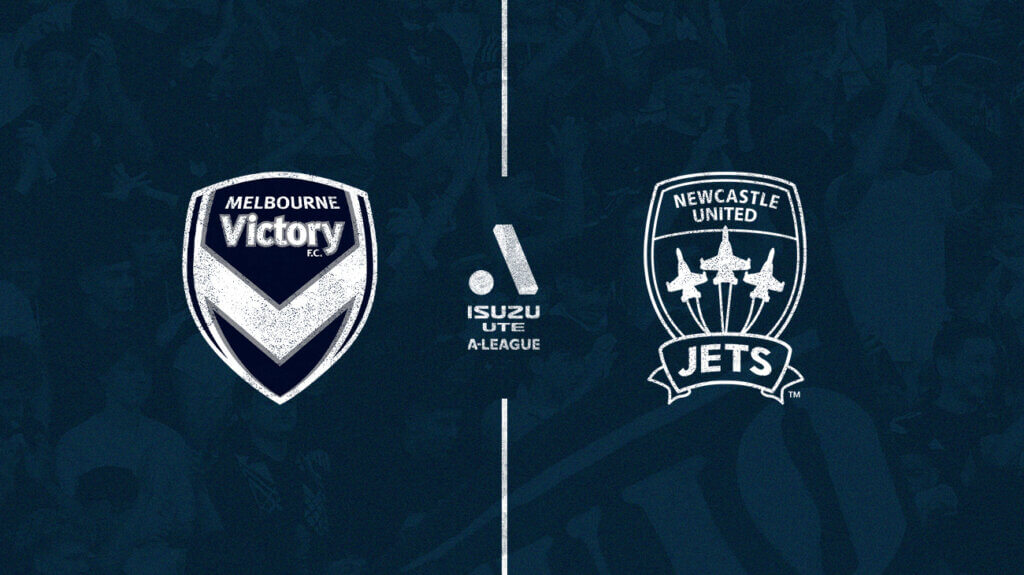 Melbourne Victory and Newcastle Jets logos on a blue background.