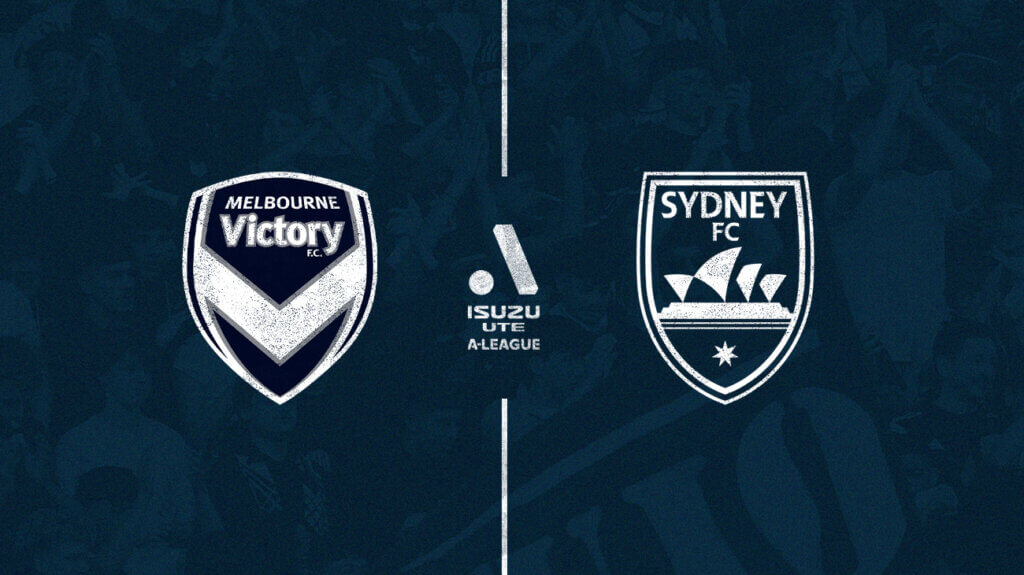 Melbourne Victory and Sydney FC logos on a blue background.