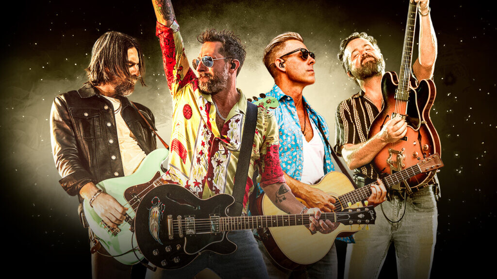 Old Dominion band members pose together in front of a solid black background.
