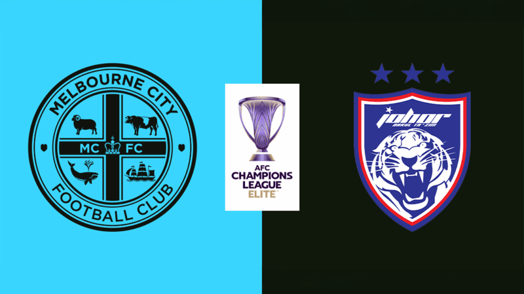 Melbourne City and Johor Darul Ta'zim FC logos on a sky blue and black background.
