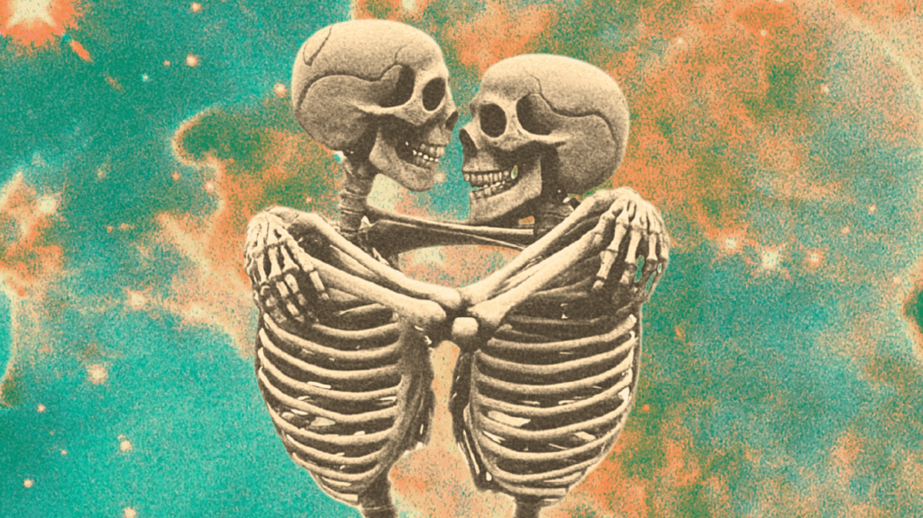 Two skeletons hugging on a green and gold background.