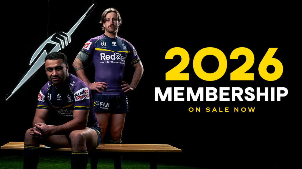 Image of two Melbourne Storm players with text promoting 2026 memberships