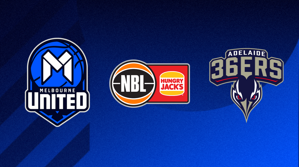 Melbourne United, NBL and Adelaide 36ers logos on a blue background.
