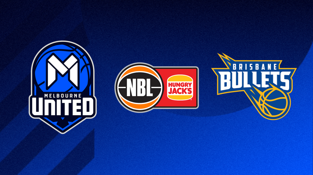 Melbourne United, NBL and Brisbane Bullets logos on a blue background.