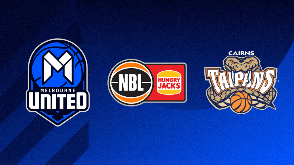 Melbourne United, NBL and Cairns Taipans logos on a blue background.