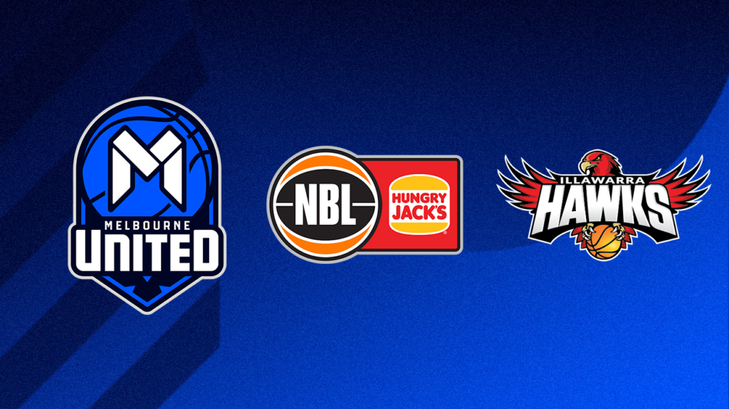 Melbourne United, NBL and Illawarra Hawks logos on a blue background.