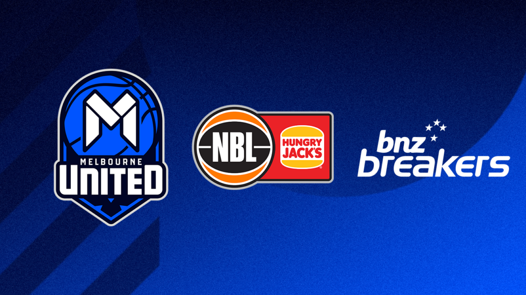 Melbourne United, NBL and New Zealand Breakers logos on a blue background.