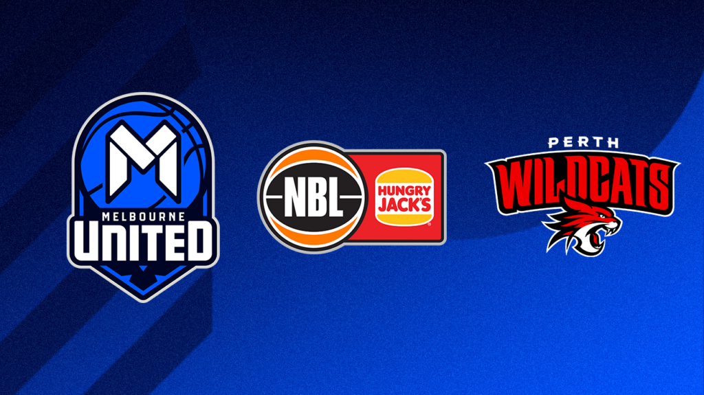 Melbourne United, NBL and Perth Wildcats logos on a blue background.