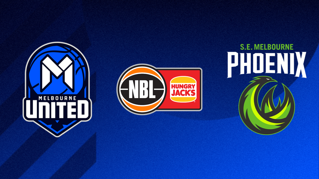Melbourne United, NBL and S.E. Melbourne Phoenix logos on a blue background.
