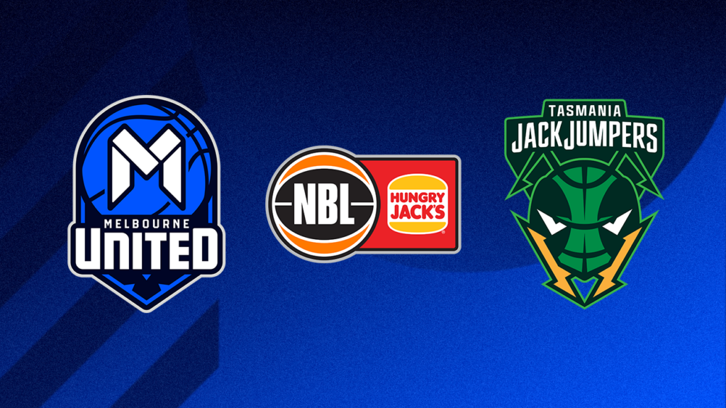 Melbourne United, NBL and Tasmania JackJumpers logos on a blue background.