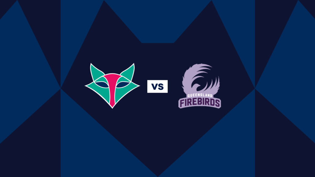 Melbourne Vixens and Queensland Firebirds logos on a blue background.