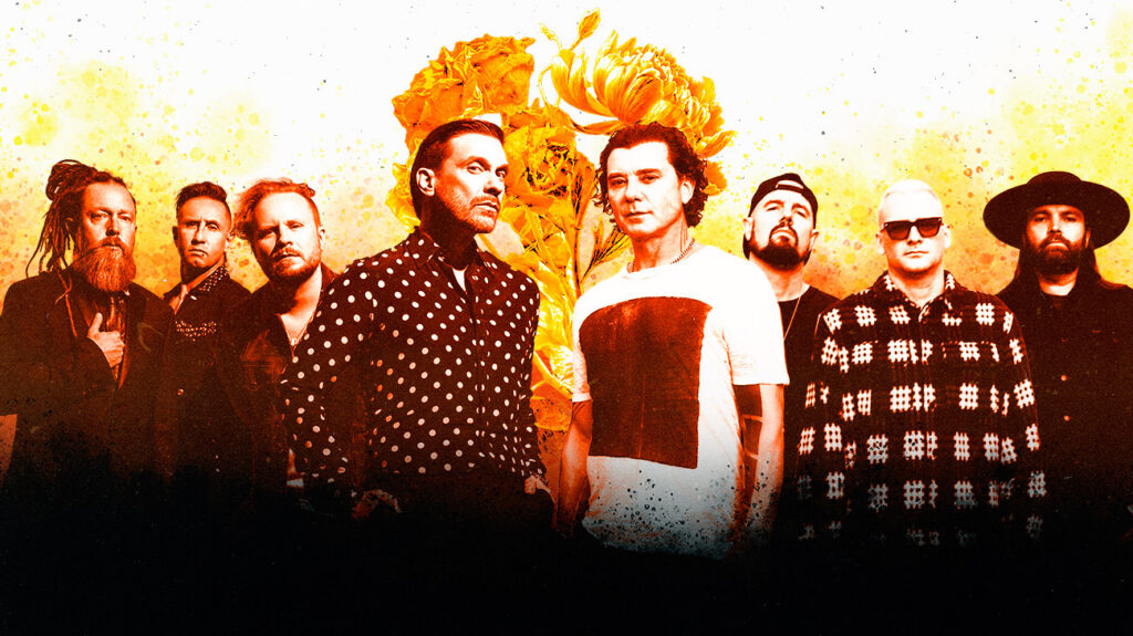 Bush and Shinedown band members standing side by side, dressed casually.