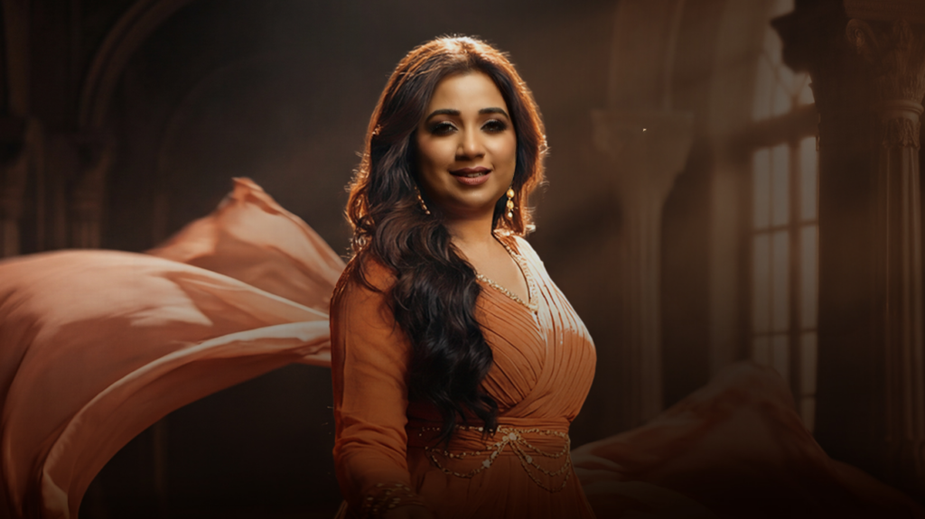 Shreya Ghoshal wearing an orange dress stands against a neutral background.