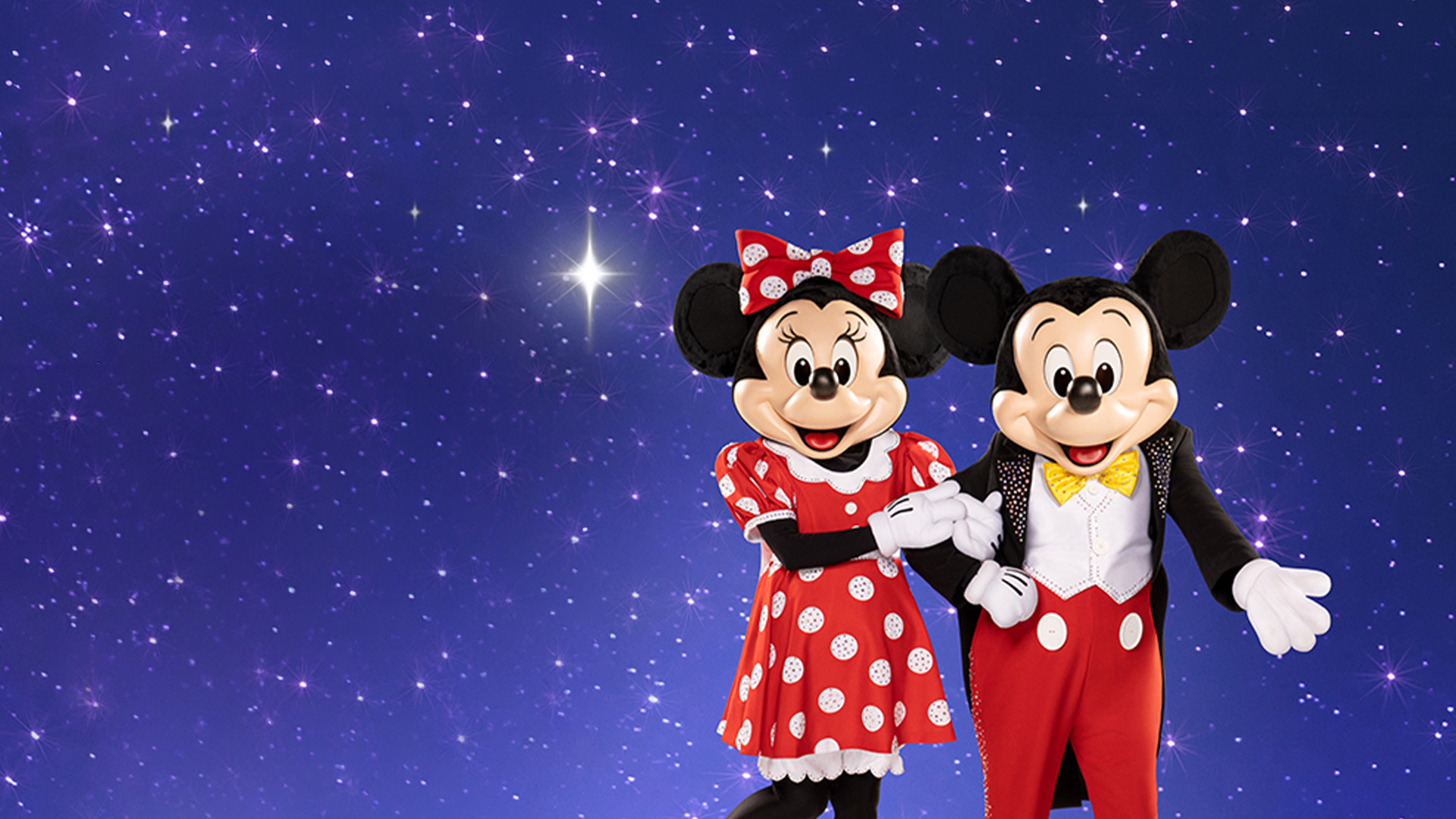 Disney on Ice performance titled "Magic in the Stars," with colourful characters skating under twinkling lights.