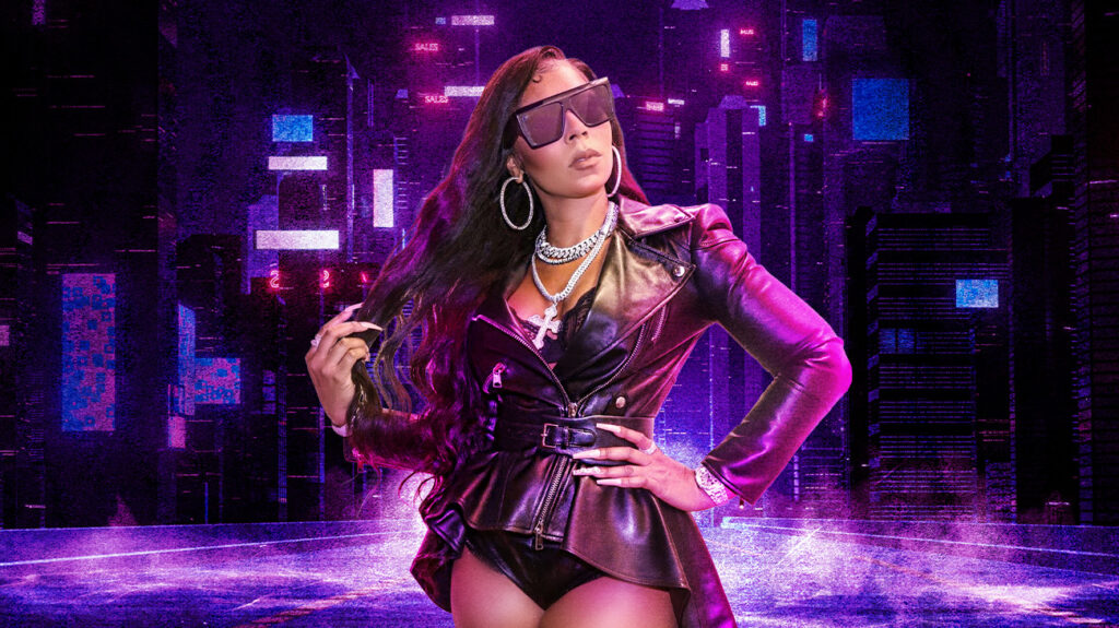 Ashanti wearing a leather jacket and sunglasses poses in promotional artwork.