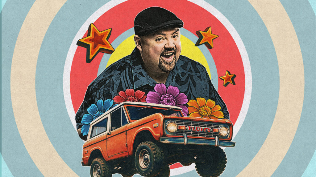 Gabriel Iglesias in colourful promotional artwork alongside a car labelled with the word “Fluffy.”