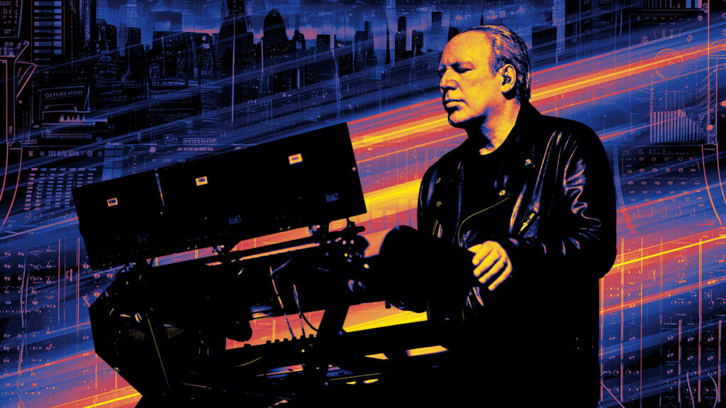 Hans Zimmer on stage performing on a keyboard.