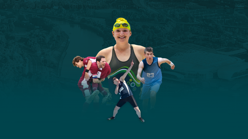 Special Olympics athletes featured in promotional event artwork.