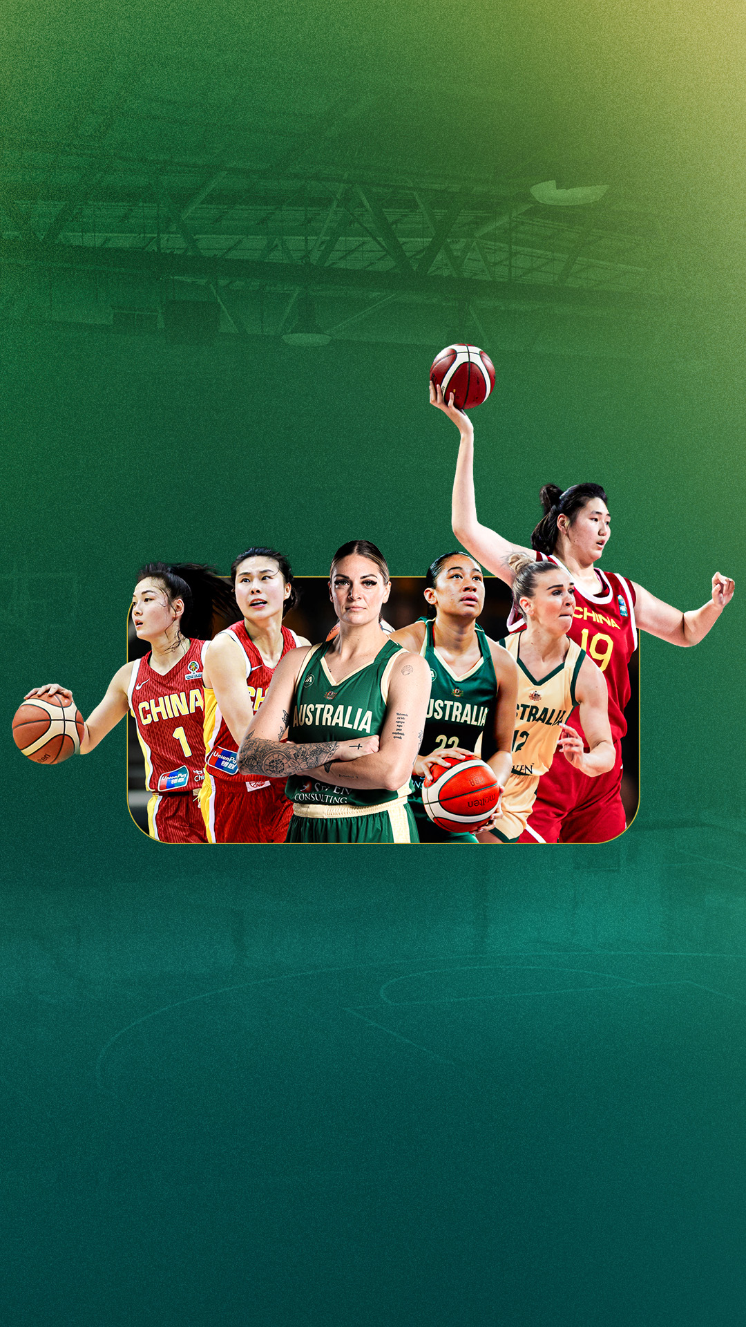 Australian and Chinese basketballs featuring in a promotional image on a green background.