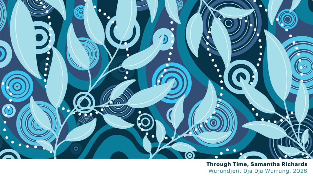Abstract blue and white artwork featuring swirling patterns and circles, titled "Through Time" by Samantha Richards.