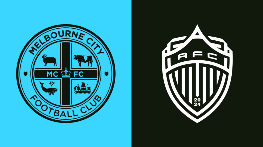 Melbourne City FC and Auckland FC logos on a sky blue and black background.