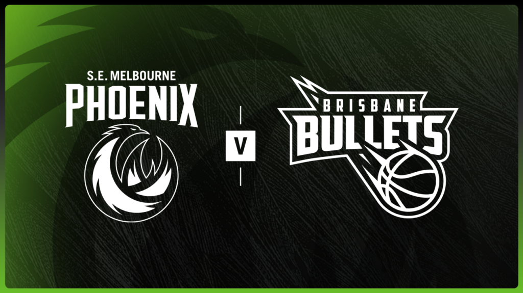 South East Melbourne Phoenix and Brisbane Bullets logos on a green and black background.