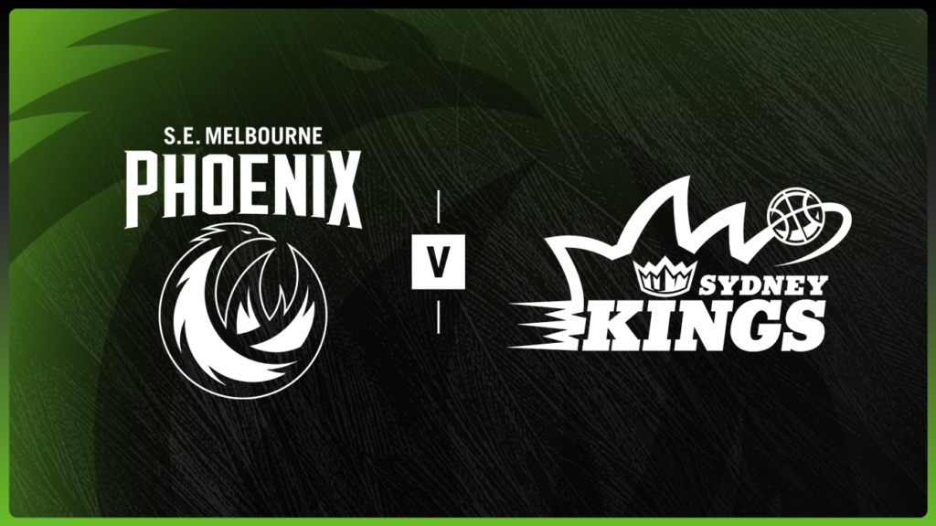 South East Melbourne Phoenix and Sydney Kings logos on a green and black background.