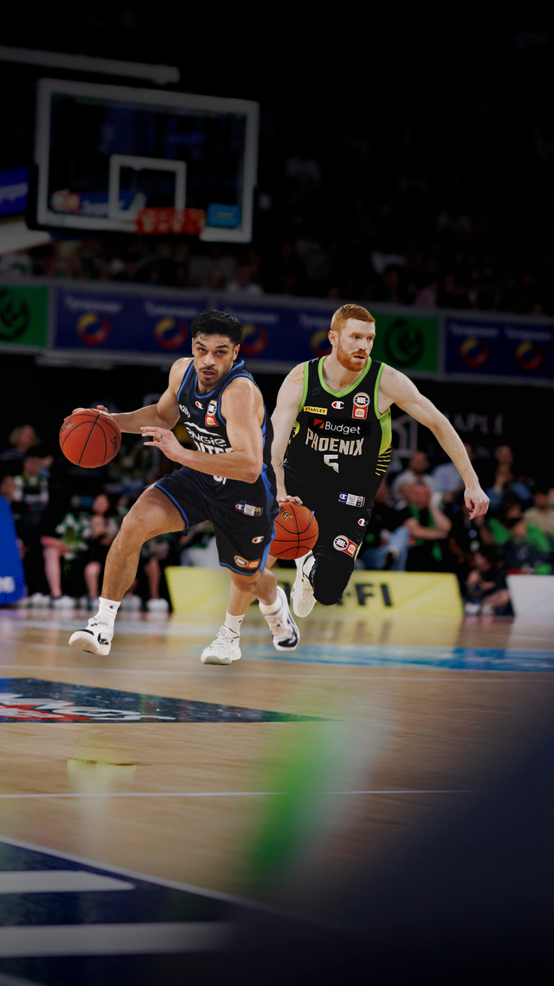 Melbourne United and South East Melbourne Phoenix basketballs in action on court.