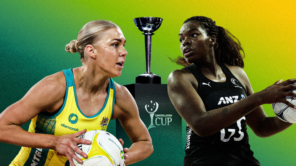 Two netballer action shots on a green and gold background.