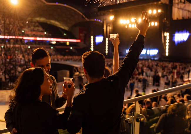 Crowd enjoying a concert at dusk.