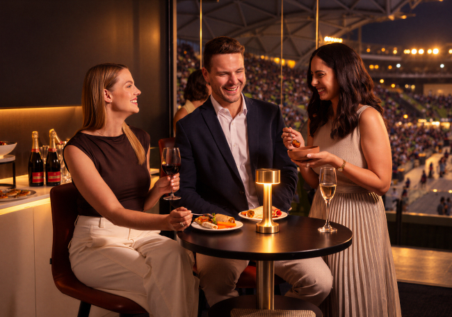 Group chatting in a corporate box.