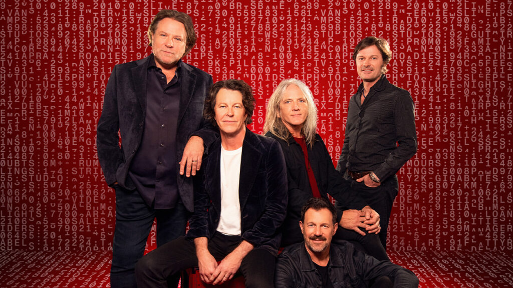 Powderfinger band members posting against a red background.