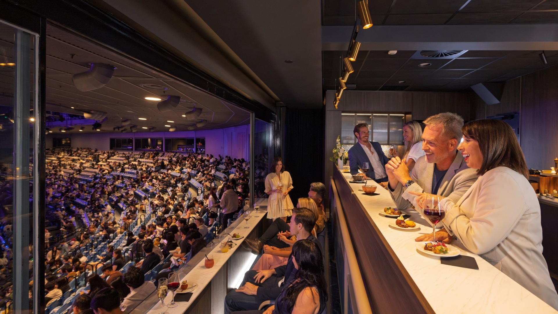People enjoying a corporate box in front of a crowd.